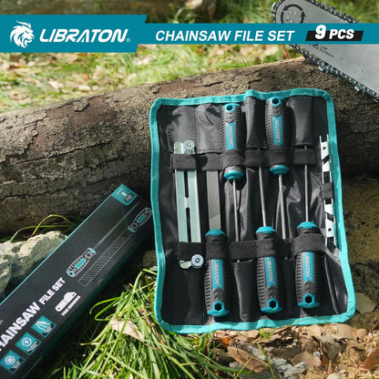 LIBRATON Chainsaw File Set, 5/32", 3/16", 7/32" Chainsaw Sharpener File | Chainsaw Sharpener, Round Saw Chain File, 6" Flat File, Depth Gauge, Filing Guide, Check Gauge, Bar Groove Cleaner, Pouch