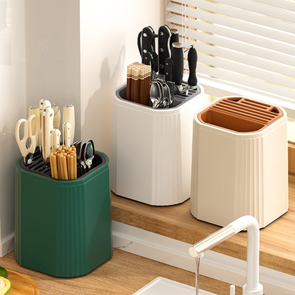 Universal Knife Block Holder -Kitchen Knife Storage Unique Slot Design to Protect Blades, Organizer Detachable for Easy Cleaning, White,Beige