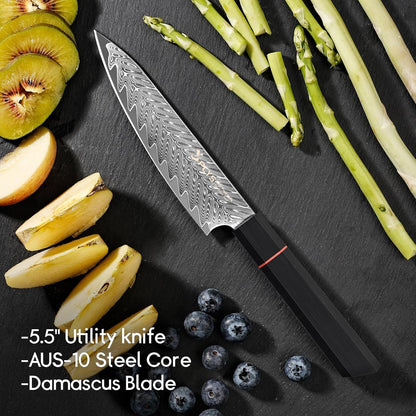 5.5-Inch Japanese Chef Knife - Razor Sharp Damascus Small Kitchen Knife, AUS-10 Steel for Paring Knife with G10 Handle