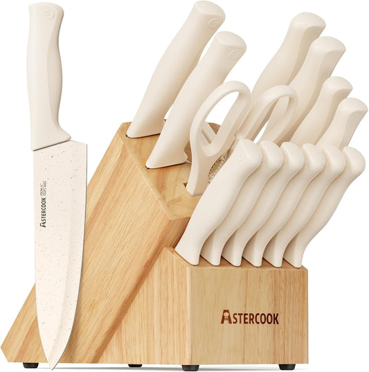 Knife Set, 15 Pieces Kitchen Knife Set with Sharpener Block, German Stainless Steel Knives with Anti-Rust Coating, Dishwasher Safe, Elegant Cream White Design, Perfect for Holiday Gifts