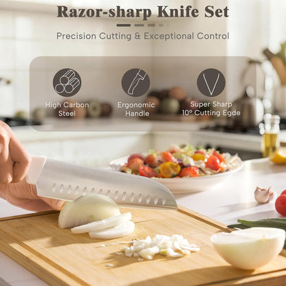 Knife Set, 15 Pieces Kitchen Knife Set with Sharpener Block, German Stainless Steel Knives with Anti-Rust Coating, Dishwasher Safe, Elegant Cream White Design, Perfect for Holiday Gifts