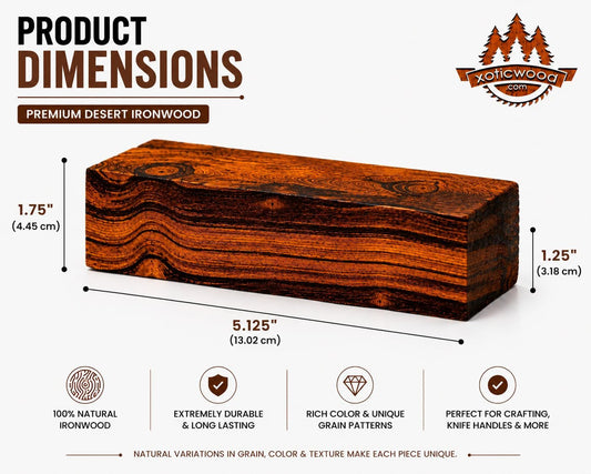 Desert Ironwood Blanks (Burl Ball Pattern) — Grade A, 5 1/8 x 1 3/4 x 1 1/4 in — Exotic Hardwood Lumber Blocks — Ironwood Wood Turning Blanks for Knife Handles, Carving & DIY Woodworking