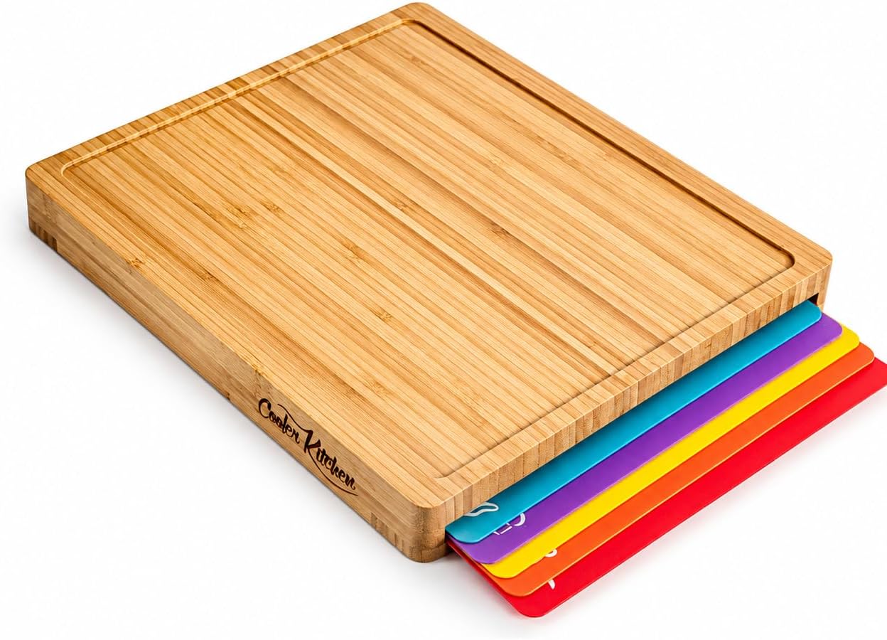 Bamboo Cutting Board Set with 6 Color Coded Flexible Mats Food Icons, BPA-Free Non Slip Easy Clean Cutting Boards for Kitchen with Holder, Dishwasher Safe, Meal Prep & Serving, Large