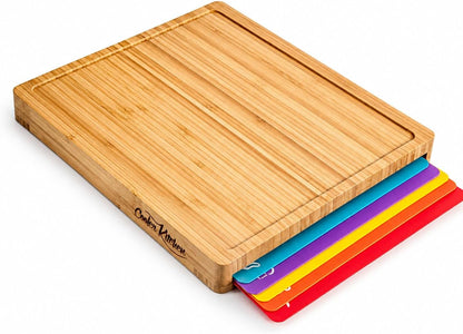 Bamboo Cutting Board Set with 6 Color Coded Flexible Mats Food Icons, BPA-Free Non Slip Easy Clean Cutting Boards for Kitchen with Holder, Dishwasher Safe, Meal Prep & Serving, Large