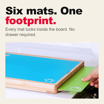 Bamboo Cutting Board Set with 6 Color Coded Flexible Mats Food Icons, BPA-Free Non Slip Easy Clean Cutting Boards for Kitchen with Holder, Dishwasher Safe, Meal Prep & Serving, Large