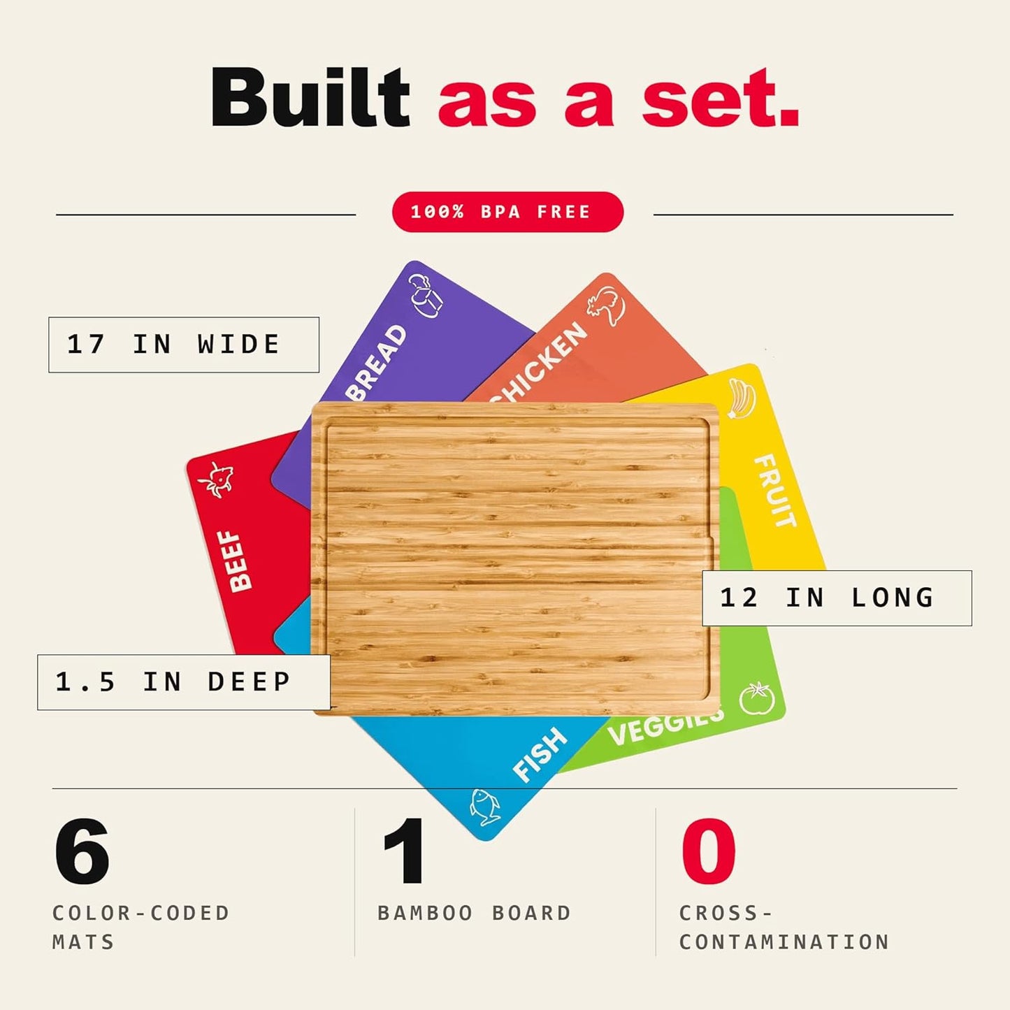Bamboo Cutting Board Set with 6 Color Coded Flexible Mats Food Icons, BPA-Free Non Slip Easy Clean Cutting Boards for Kitchen with Holder, Dishwasher Safe, Meal Prep & Serving, Large