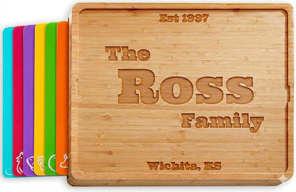 Bamboo Cutting Board Set with 6 Color Coded Flexible Mats Food Icons, BPA-Free Non Slip Easy Clean Cutting Boards for Kitchen with Holder, Dishwasher Safe, Meal Prep & Serving, Large