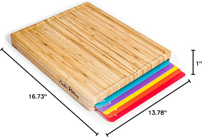 Bamboo Cutting Board Set with 6 Color Coded Flexible Mats Food Icons, BPA-Free Non Slip Easy Clean Cutting Boards for Kitchen with Holder, Dishwasher Safe, Meal Prep & Serving, Large