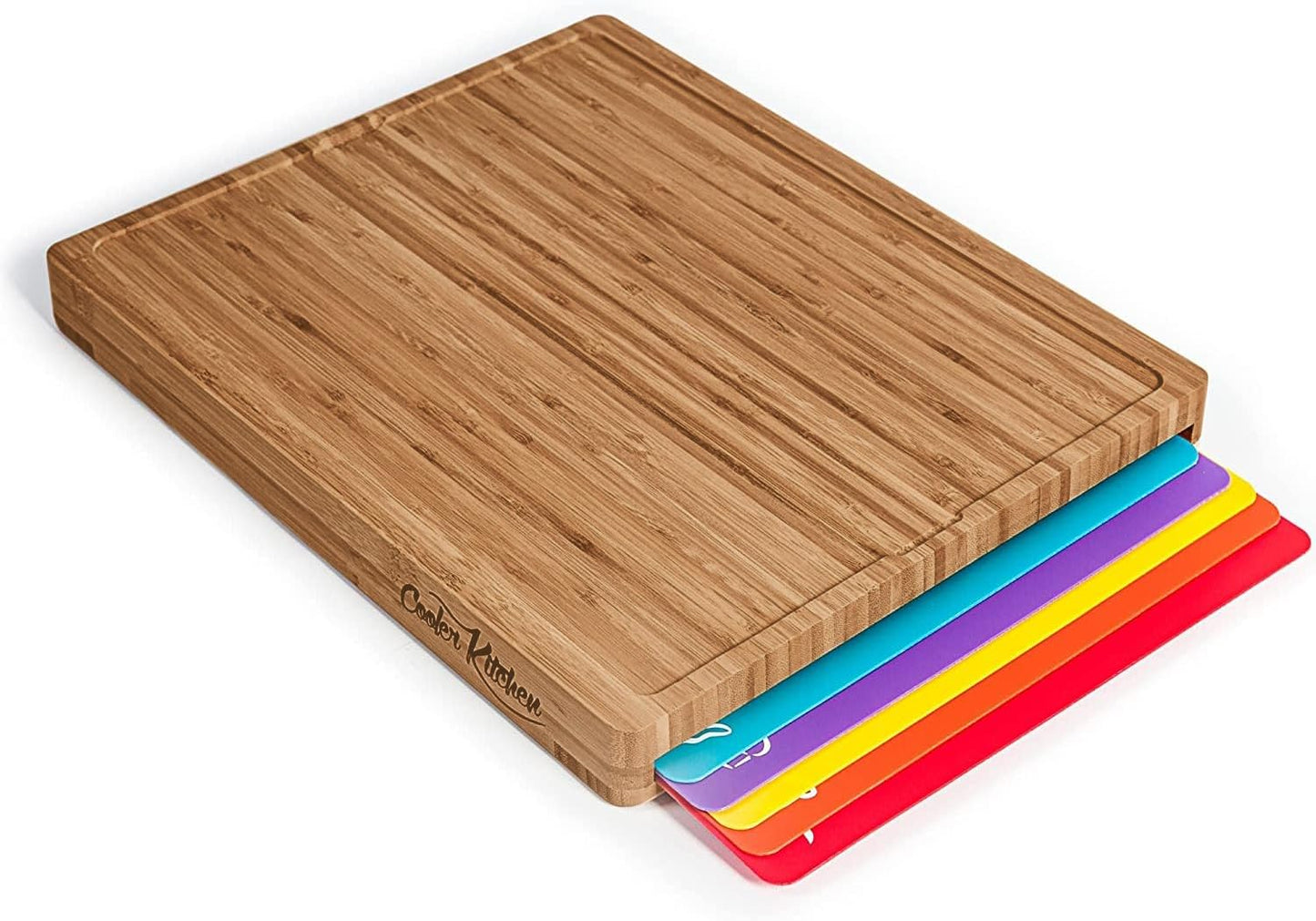Bamboo Cutting Board Set with 6 Color Coded Flexible Mats Food Icons, BPA-Free Non Slip Easy Clean Cutting Boards for Kitchen with Holder, Dishwasher Safe, Meal Prep & Serving, Large