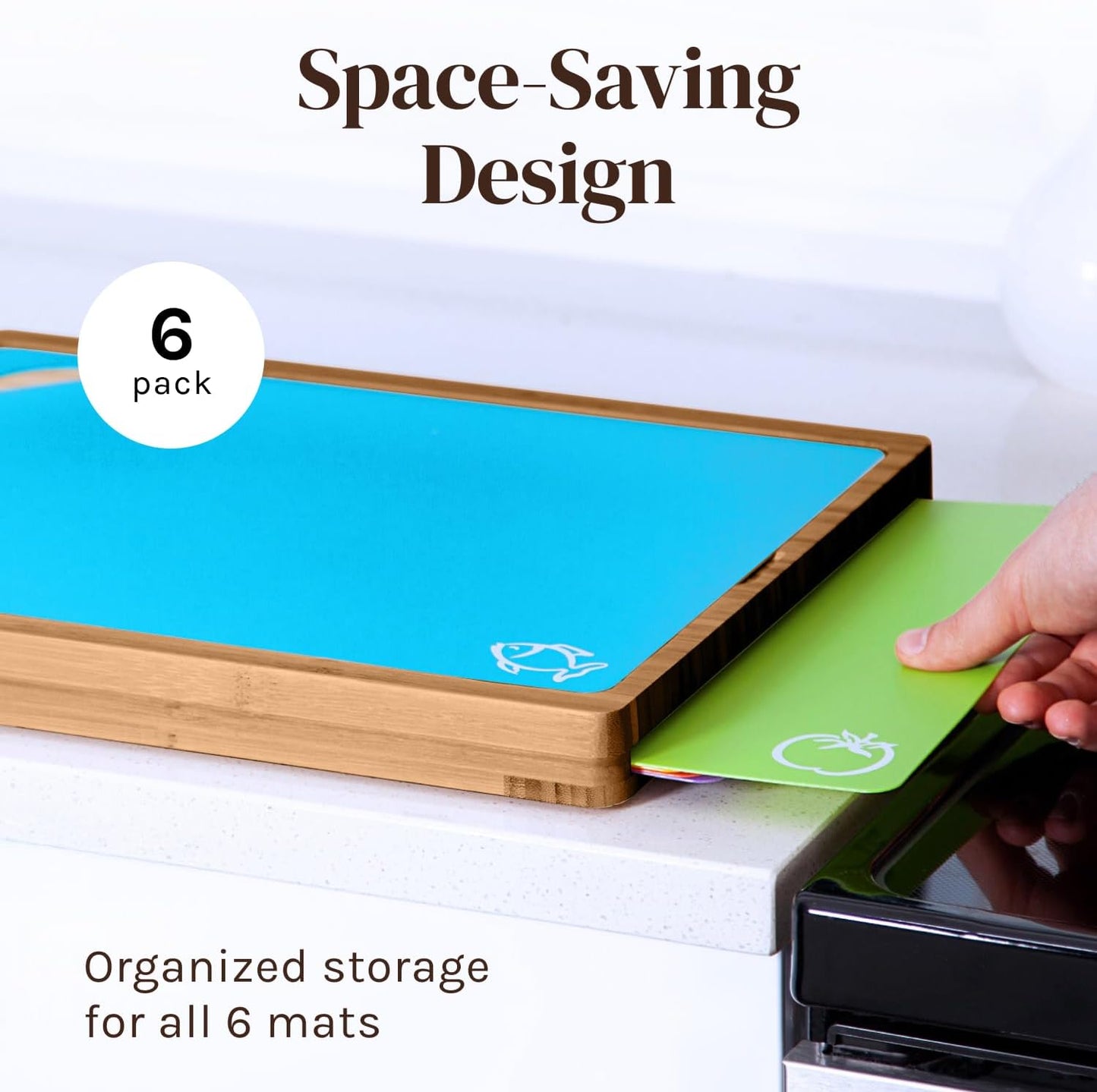 Bamboo Cutting Board Set with 6 Color Coded Flexible Mats Food Icons, BPA-Free Non Slip Easy Clean Cutting Boards for Kitchen with Holder, Dishwasher Safe, Meal Prep & Serving, Large