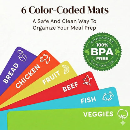 Bamboo Cutting Board Set with 6 Color Coded Flexible Mats Food Icons, BPA-Free Non Slip Easy Clean Cutting Boards for Kitchen with Holder, Dishwasher Safe, Meal Prep & Serving, Large