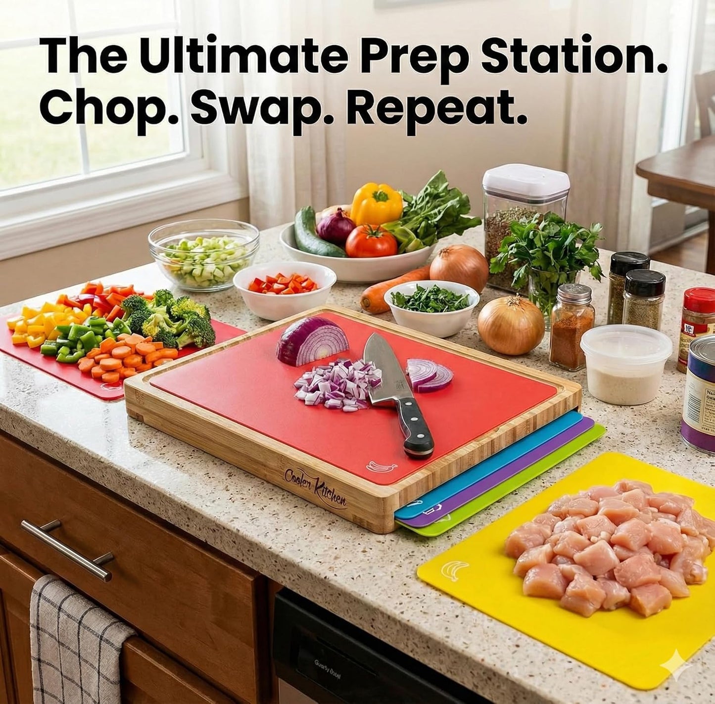 Bamboo Cutting Board Set with 6 Color Coded Flexible Mats Food Icons, BPA-Free Non Slip Easy Clean Cutting Boards for Kitchen with Holder, Dishwasher Safe, Meal Prep & Serving, Large