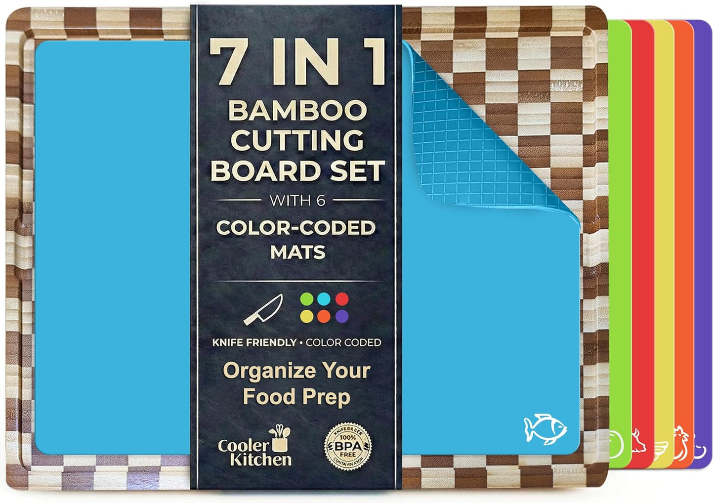 Bamboo Cutting Board Set with 6 Color Coded Flexible Mats Food Icons, BPA-Free Non Slip Easy Clean Cutting Boards for Kitchen with Holder, Dishwasher Safe, Meal Prep & Serving, Large