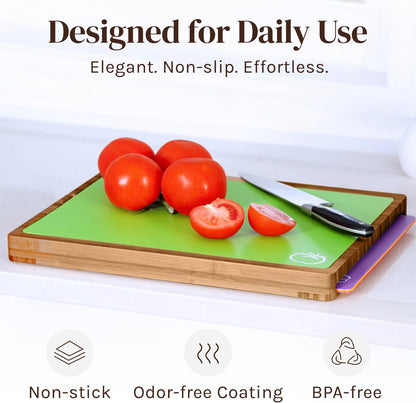 Bamboo Cutting Board Set with 6 Color Coded Flexible Mats Food Icons, BPA-Free Non Slip Easy Clean Cutting Boards for Kitchen with Holder, Dishwasher Safe, Meal Prep & Serving, Large