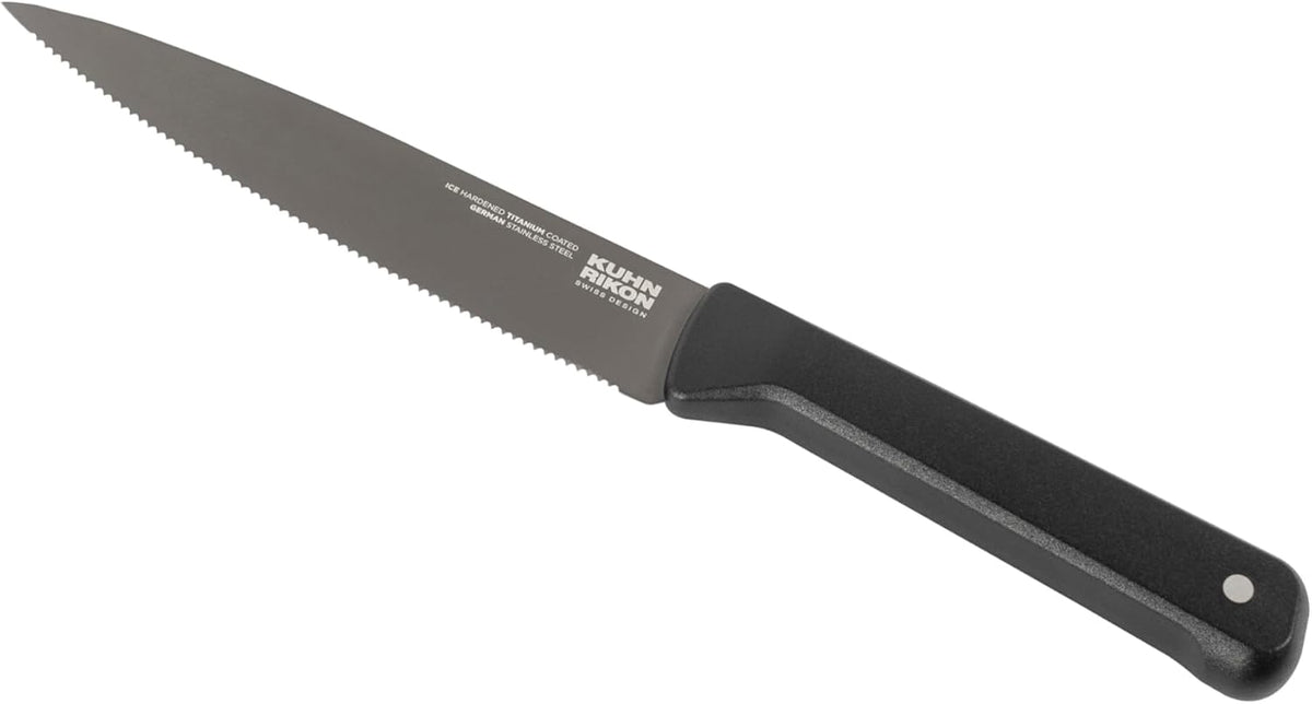 ICED Serrated Utility Knife 5.12 Inch, Ice Hardened German Stainless Steel, Razor Sharp Titanium Coated Blade, Precision Everyday Kitchen Knife