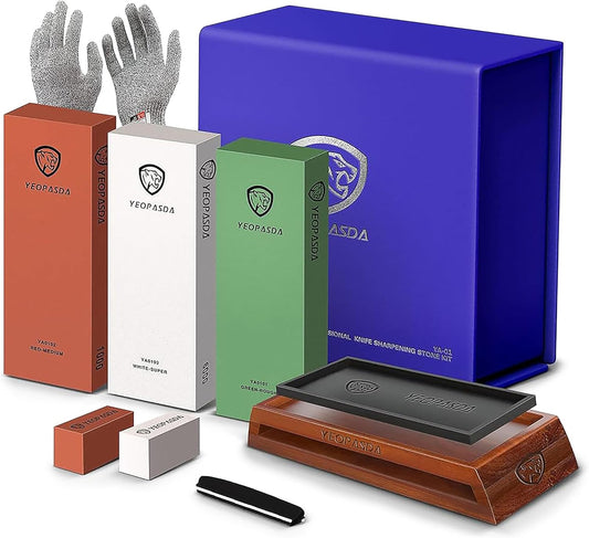 Extra Large Knife Sharpening Stone Kit, Thickered 3 Grit 400/1000/6000 | Premium Whetstone Knife Sharpener Stone with Non-Slip Wood Base, Angle Guide, Cut Resistant Gloves - Large