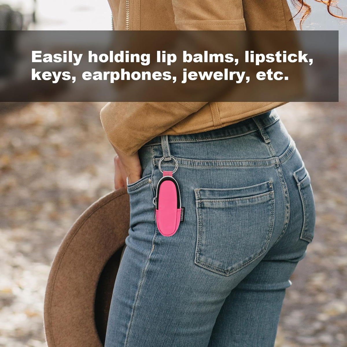 Portable Lip Balm Organizer Case with Keychain, Travel Chapstick Holder Storage Bag, Waterproof Small Cosmetic Organizer, Anti-Lost Lipstick Lip Gloss Sleeve Pouch Keeper Case (Pink, Small)