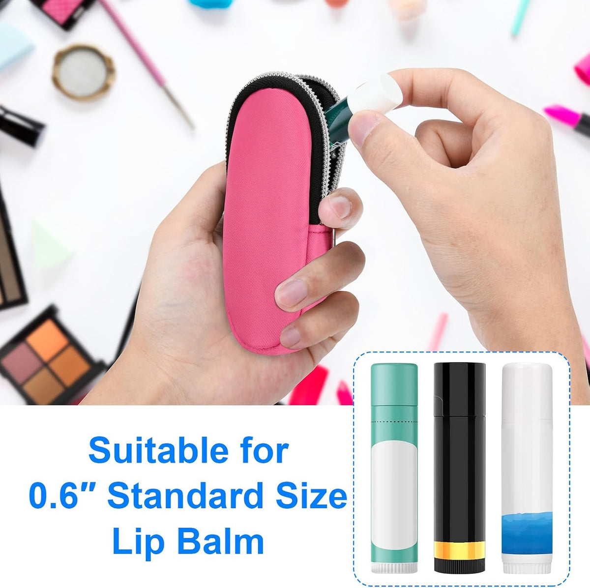 Portable Lip Balm Organizer Case with Keychain, Travel Chapstick Holder Storage Bag, Waterproof Small Cosmetic Organizer, Anti-Lost Lipstick Lip Gloss Sleeve Pouch Keeper Case (Pink, Small)
