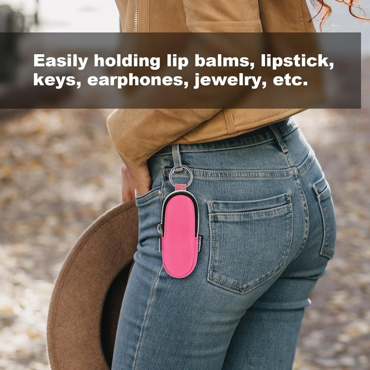 Portable Lip Balm Organizer Case with Keychain, Travel Chapstick Holder Storage Bag, Waterproof Small Cosmetic Organizer, Anti-Lost Lipstick Lip Gloss Sleeve Pouch Keeper Case (Pink, Small)